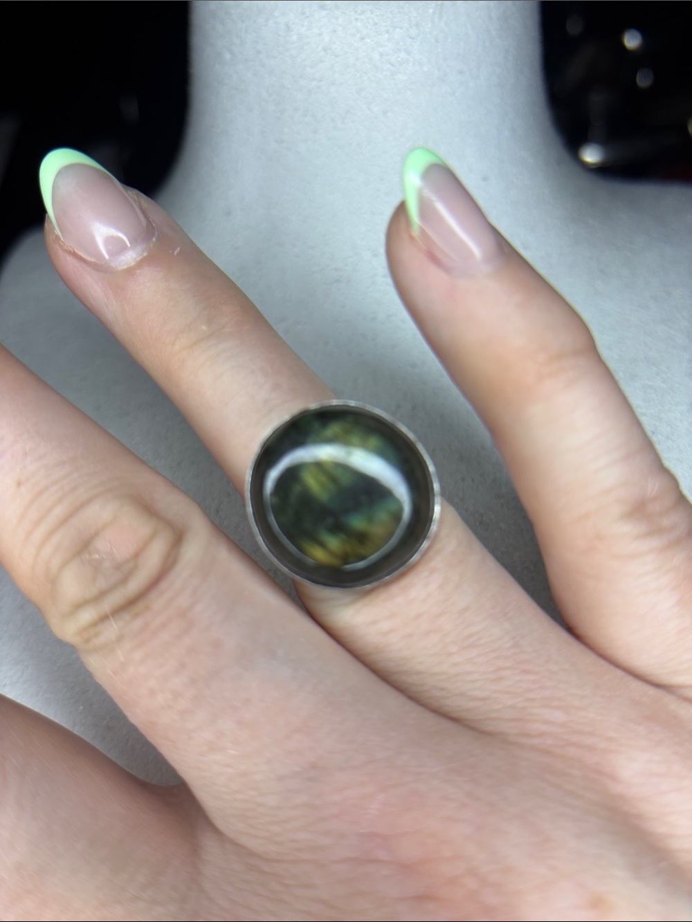 Silver Round Labradorite Statement Ring in Green-Blue